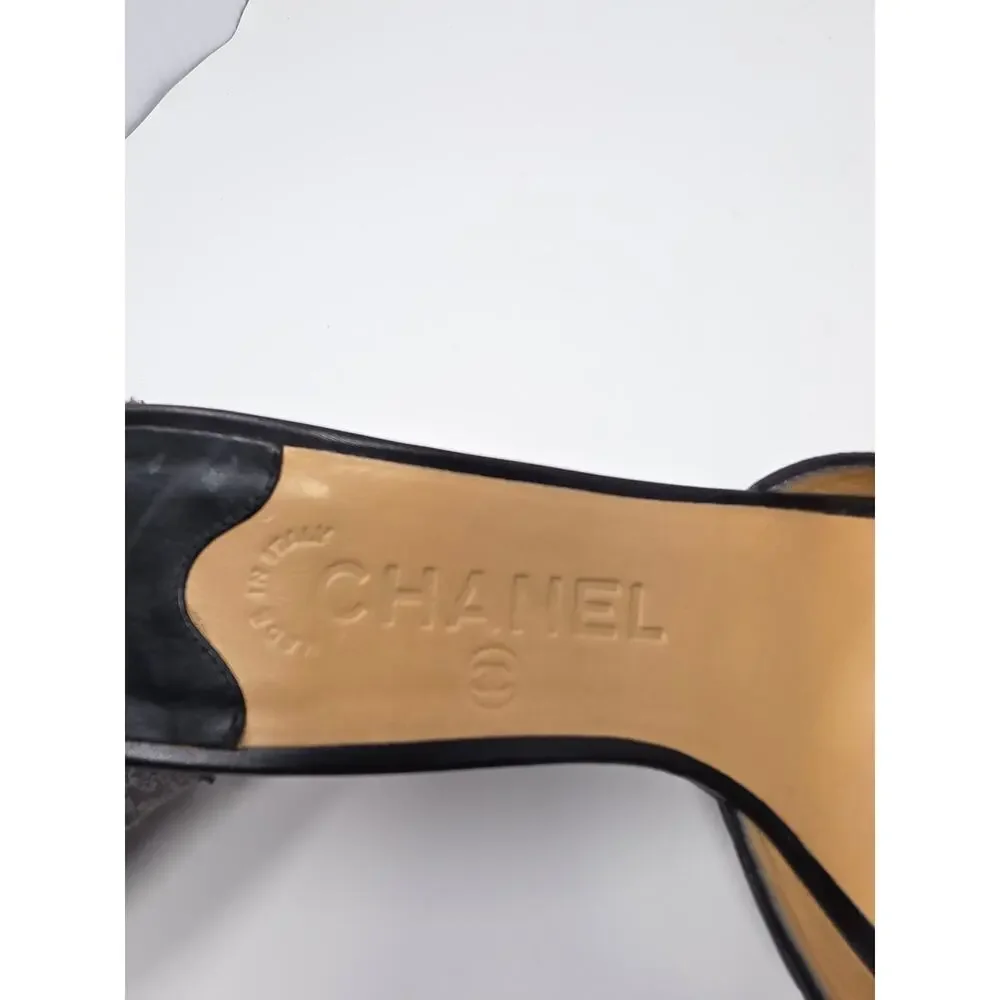 Chanel Vintage Camellia Flower Leather Mules Black Open Toe Heels CC Logo 38.5 8